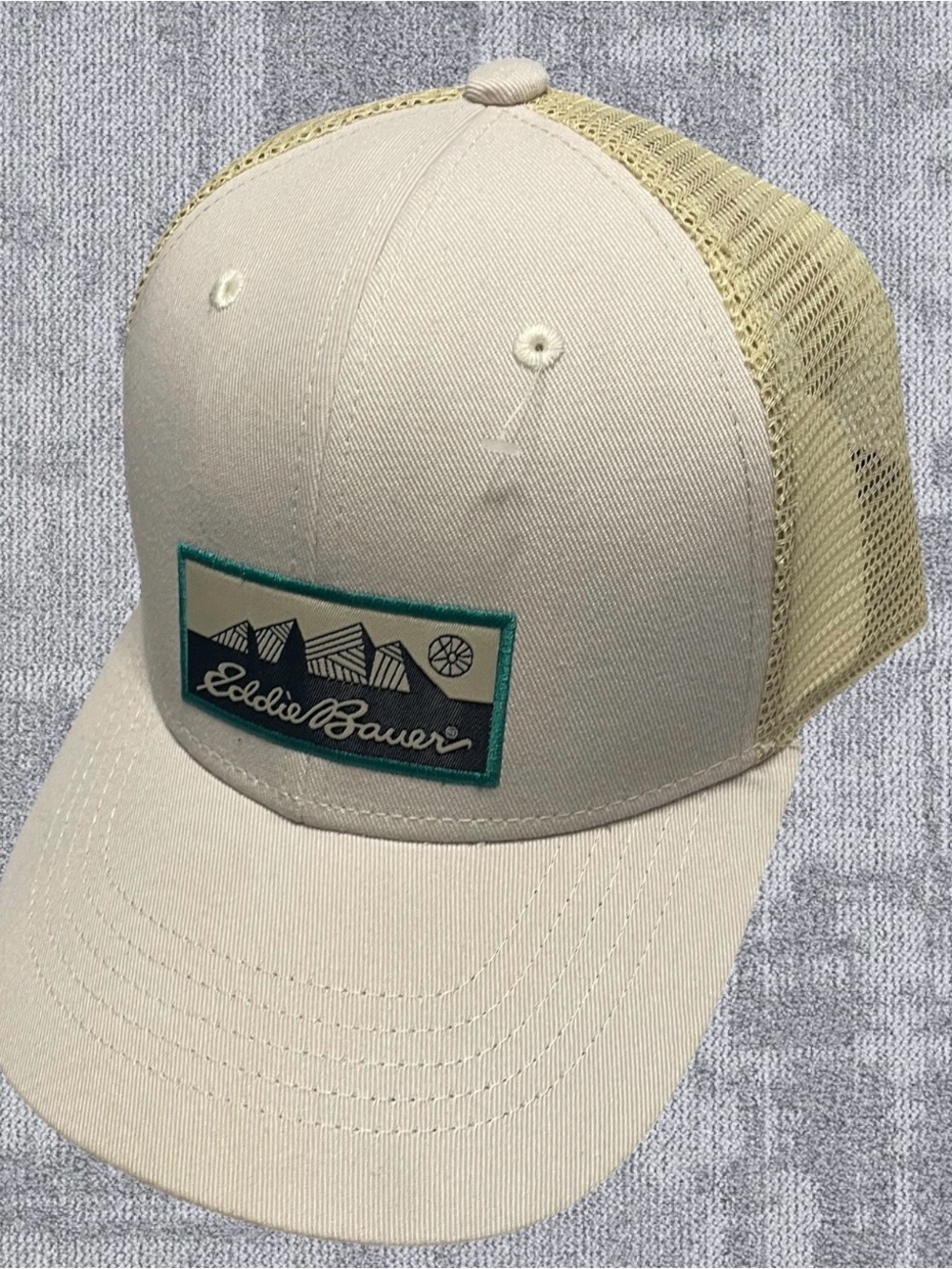 Eddie Bauer Cream and Pale Yellow Mesh Cap with Teal Patch